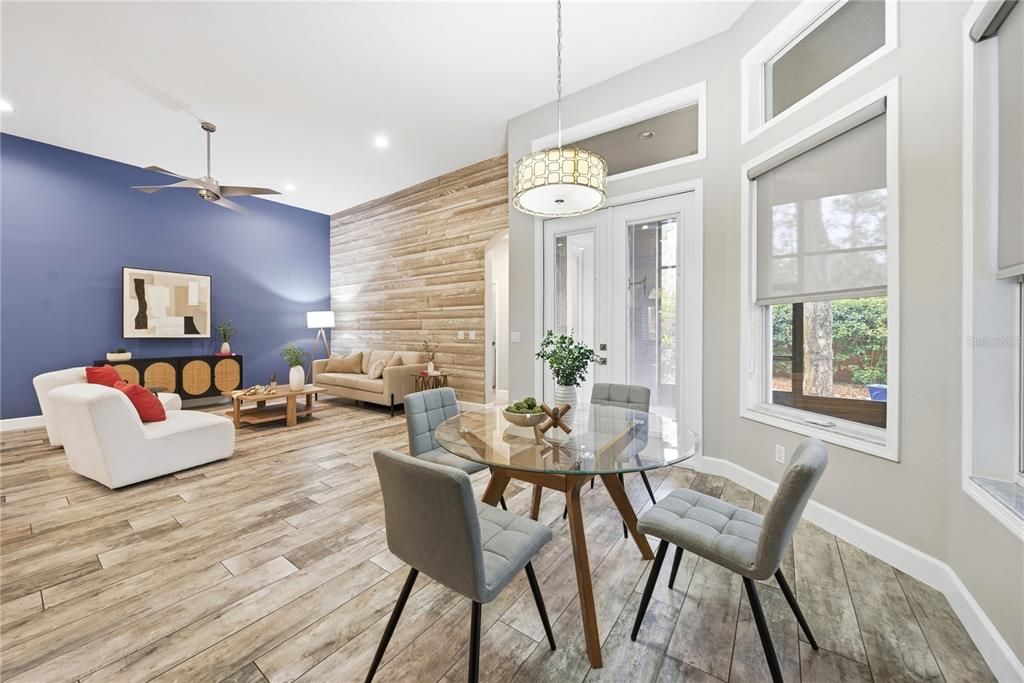 Dining room, Interior, Living room, Pendant Lights, Recessed Lighting, Wood Texture Flooring, Wooden Walls
