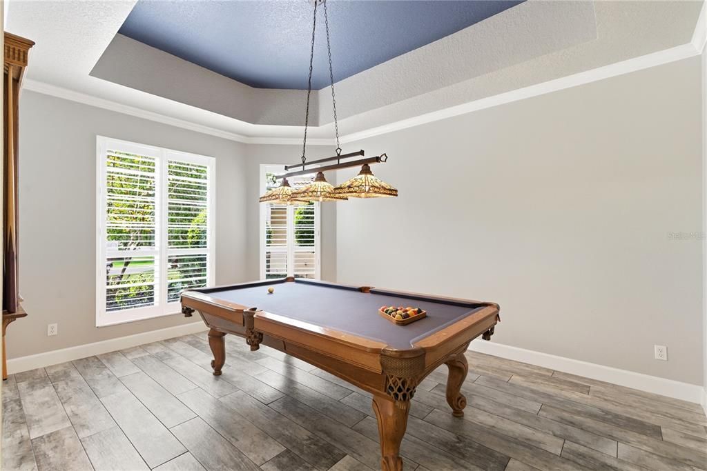 Billiard Table, Game Room, Interior, Pendant Lights, Wood Texture Flooring