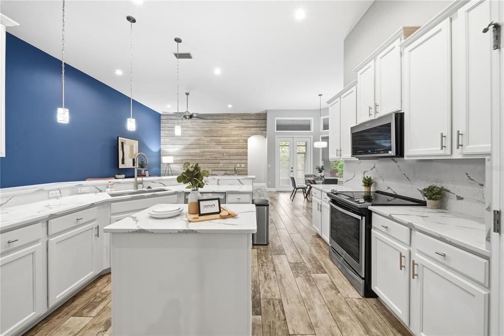 Dining room, Interior, Kitchen, Pendant Lights, Recessed Lighting, Wood Texture Flooring, Wooden Walls