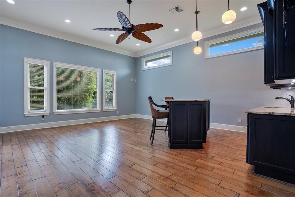 Dining room, Interior, Pendant Lights, Recessed Lighting, Wood Texture Flooring