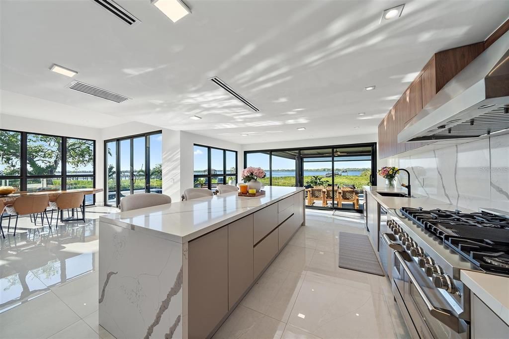 Dining room, Interior, Kitchen, Marble Walls, Recessed Lighting, Stainless Steel Appliances, Water
