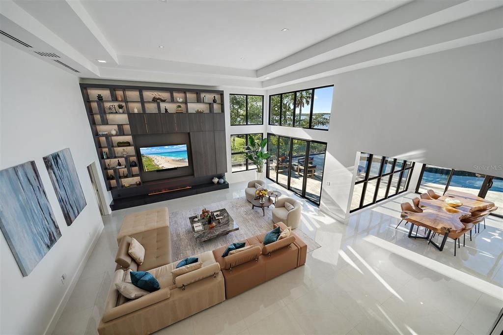 Dining room, Fireplace, Interior, Living room, Recessed Lighting, Water