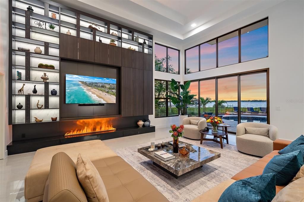 Fireplace, Interior, Living room, Recessed Lighting, Water