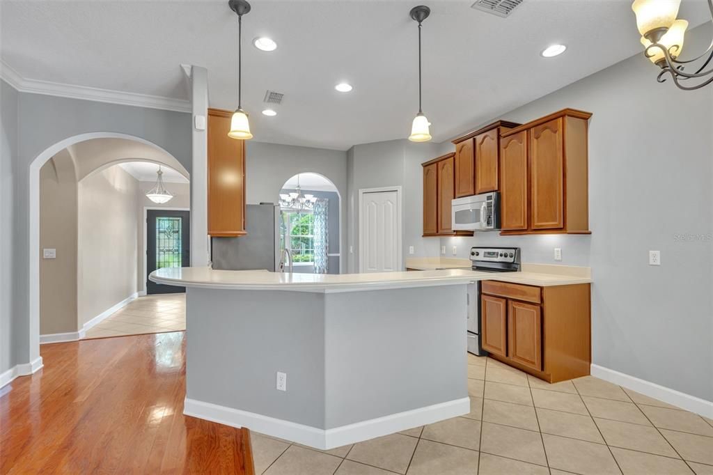 Interior, Kitchen, Pendant Lights, Recessed Lighting, Wood Texture Flooring