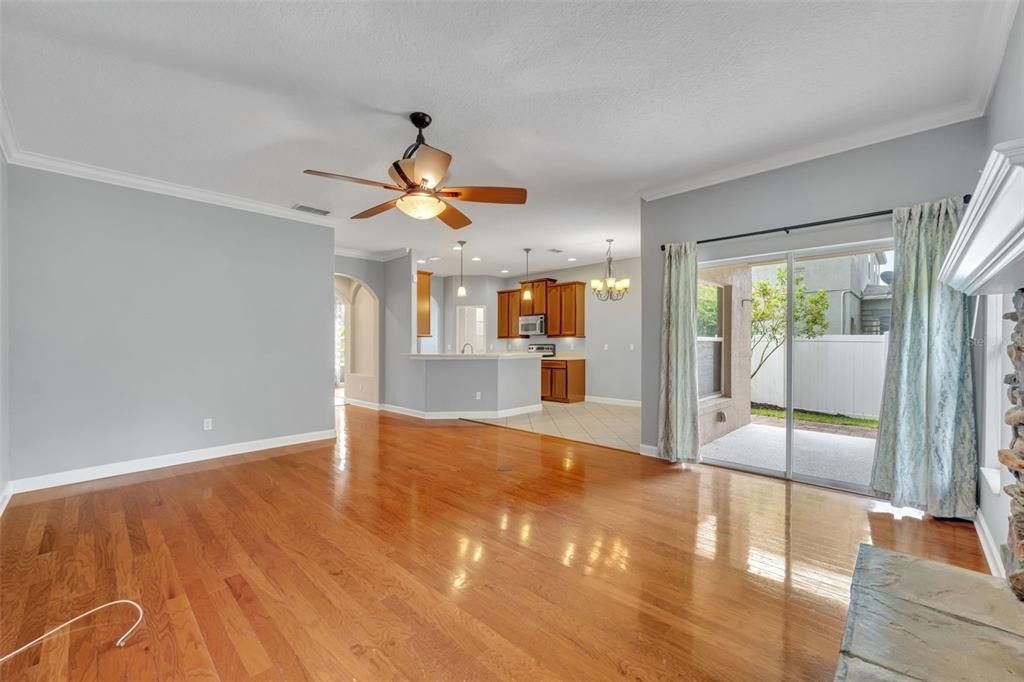 Chandelier, Empty room, Interior, Kitchen, Pendant Lights, Wood Texture Flooring