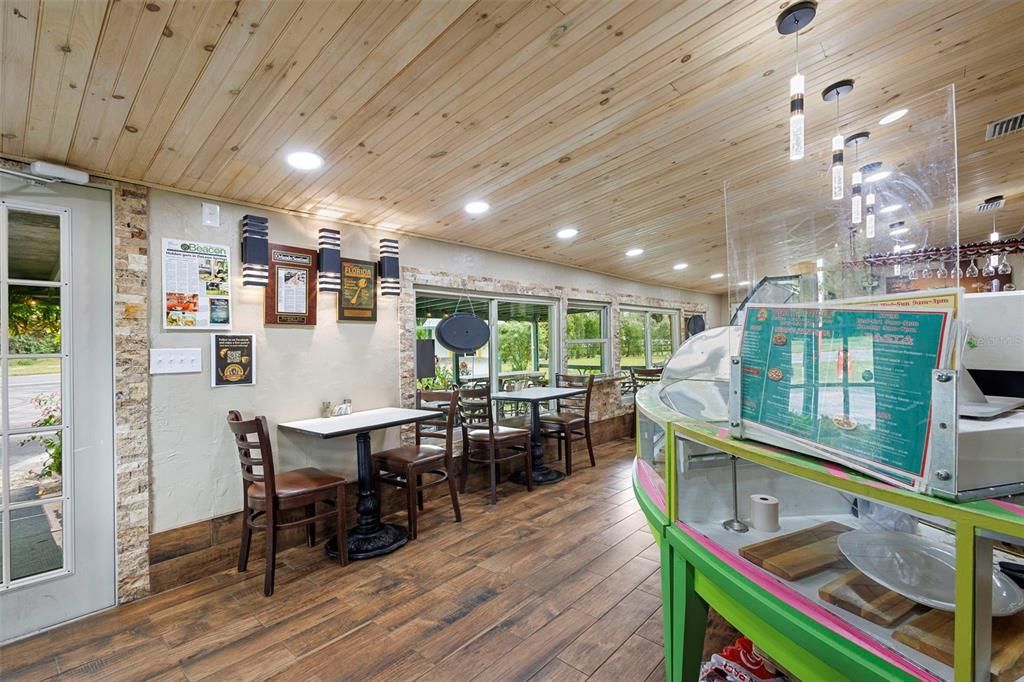 Dining room, Interior, Pendant Lights, Recessed Lighting, Wooden Ceilings, Wood Texture Flooring