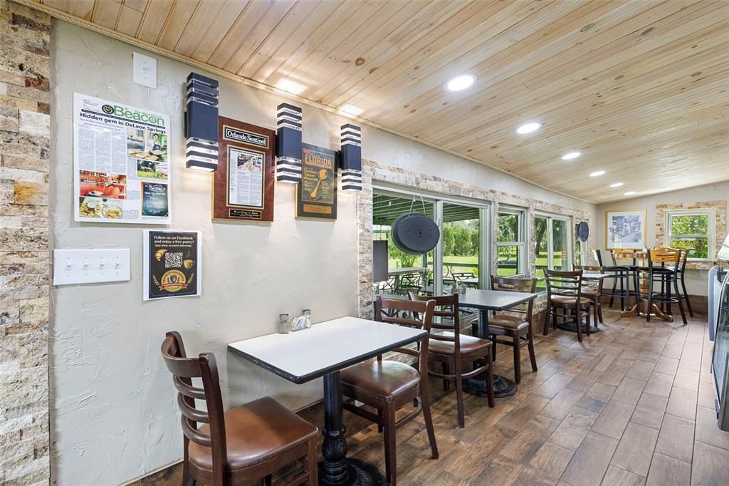 Dining room, Interior, Recessed Lighting, Stone Walls, Wooden Ceilings, Wood Texture Flooring