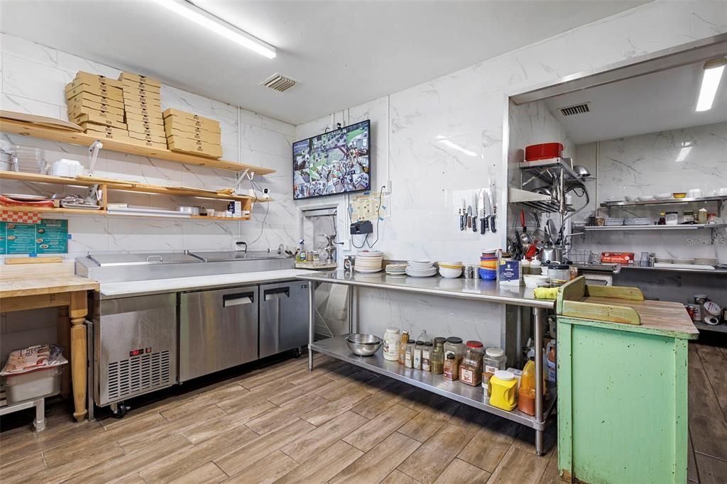 Interior, Kitchen, Marble Walls, Stainless Steel Appliances, Wood Texture Flooring