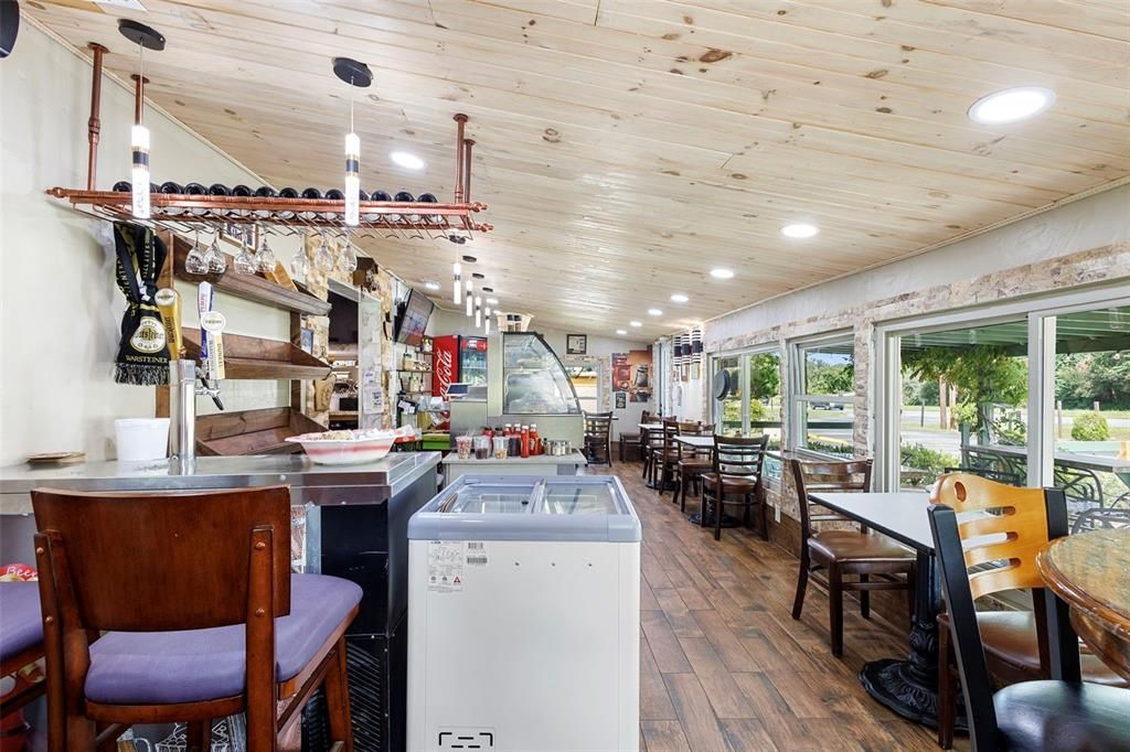 Dining room, Interior, Pendant Lights, Recessed Lighting, Wooden Ceilings, Wood Texture Flooring