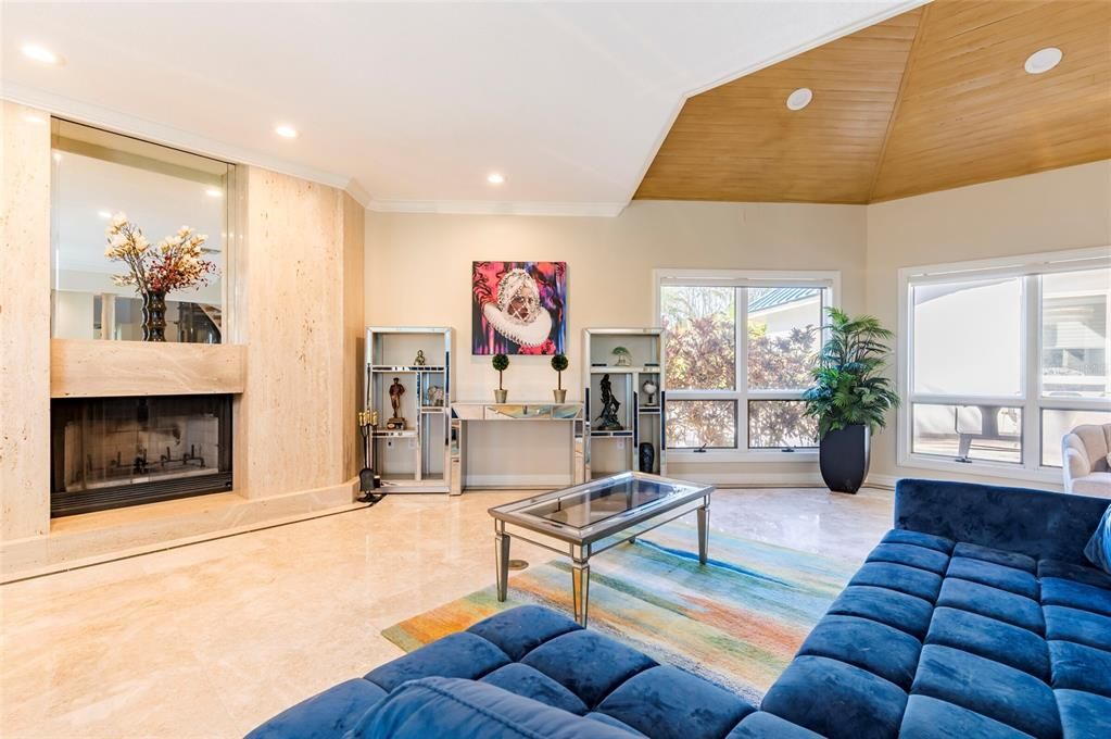 Fireplace, Interior, Living room, Recessed Lighting, Wooden Ceilings