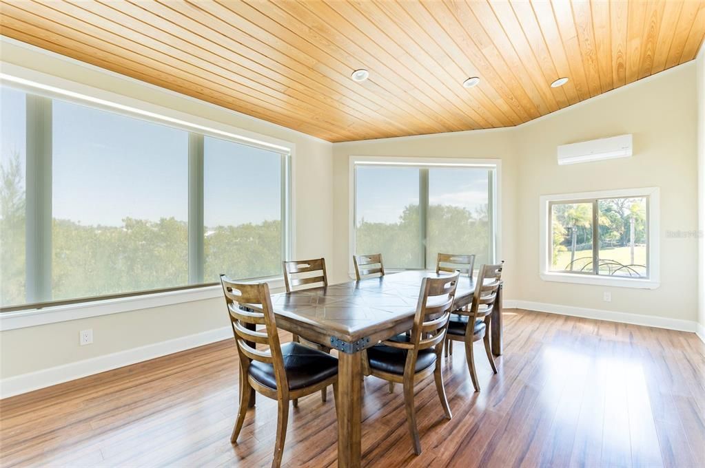 Dining room, Interior, Recessed Lighting, Wooden Ceilings, Wood Texture Flooring