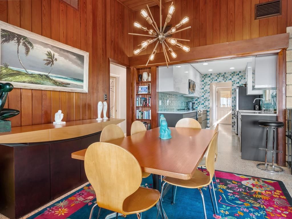 Dining room, Interior, Kitchen, Pendant Lights, Recessed Lighting, Wooden Walls