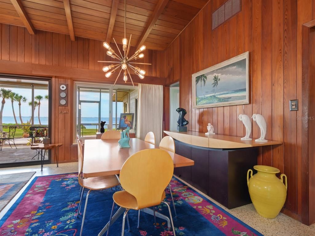Dining room, Interior, Pendant Lights, Water, Wooden Beams, Wooden Ceilings, Wooden Walls