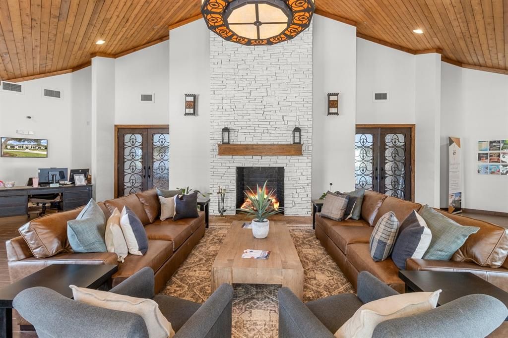 Fireplace, Interior, Living room, Recessed Lighting, Stone Walls, Wooden Ceilings
