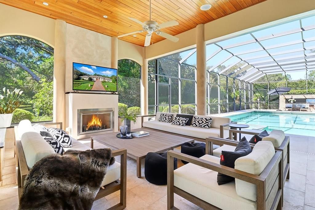 Fireplace, Glass Ceilings, Interior, Living room, Pool, Recessed Lighting, Sun Room, Wooden Ceilings