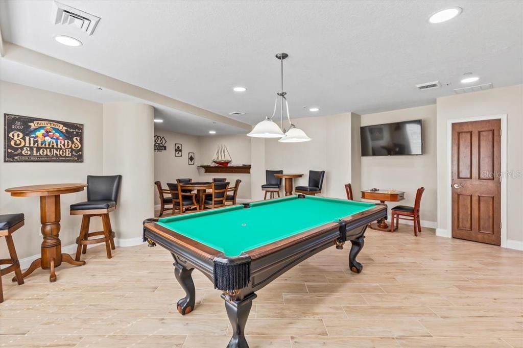 Billiard Table, Game Room, Interior, Pendant Lights, Recessed Lighting, Wood Texture Flooring