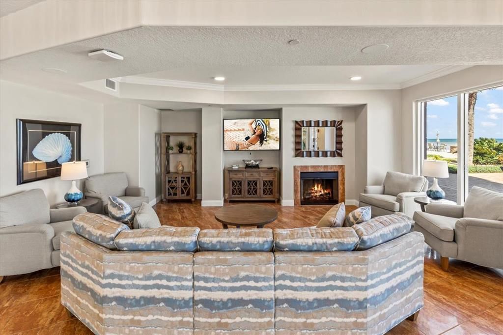 Fireplace, Interior, Living room, Recessed Lighting, Water, Wood Texture Flooring