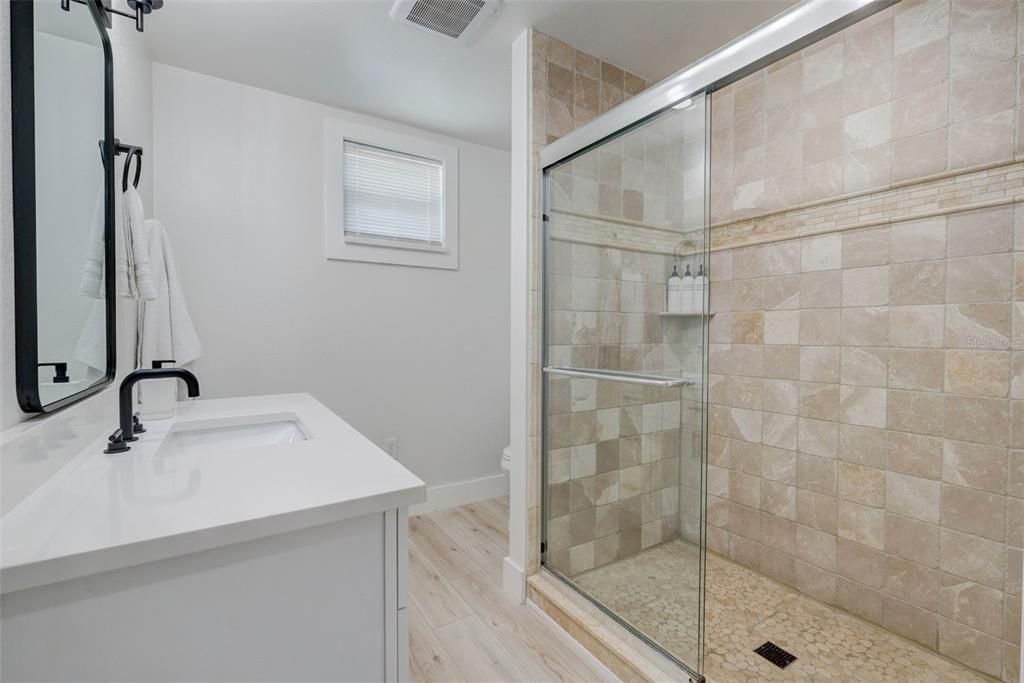 Bathroom, Glass Shower, Interior, Wood Texture Flooring