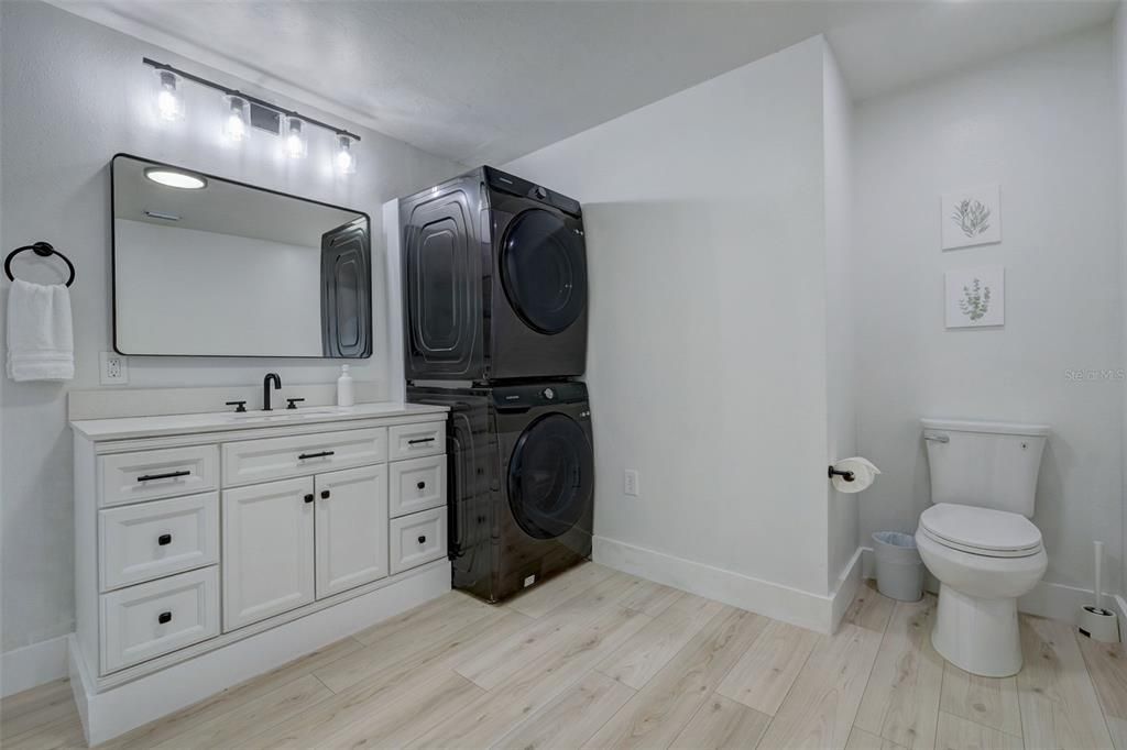 Bathroom, Interior, Washer, Wood Texture Flooring