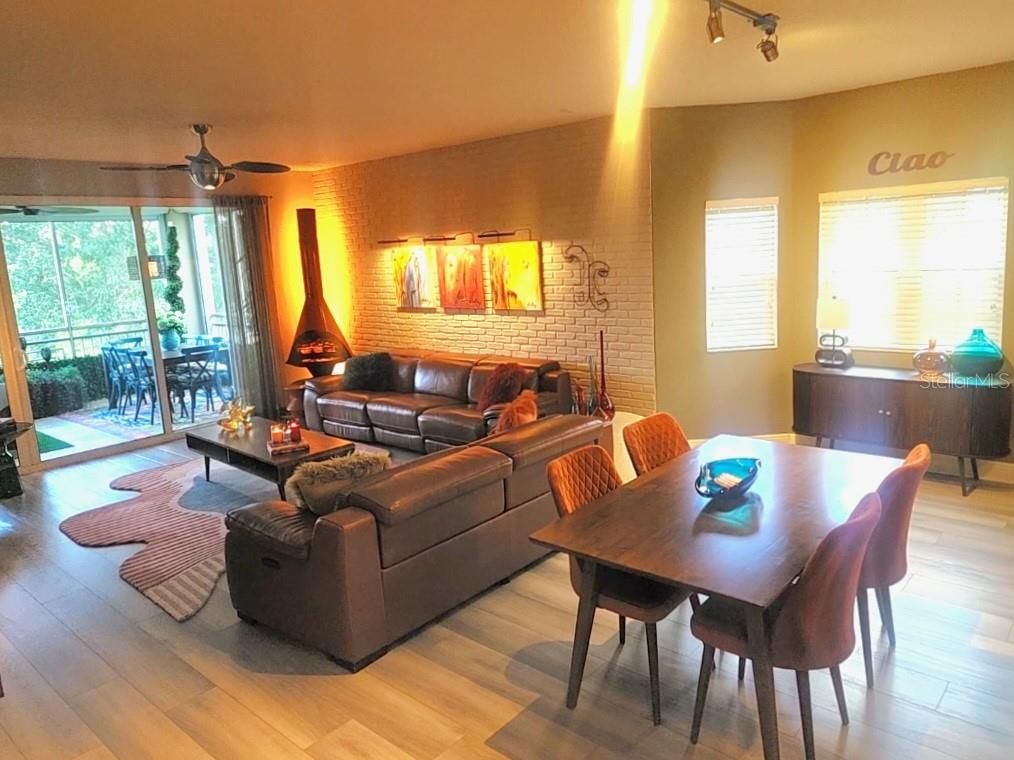 Dining room, Fireplace, Interior, Living room, Stone Walls, Wood Texture Flooring