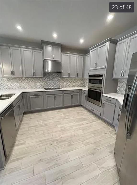 Interior, Kitchen, Recessed Lighting, Stainless Steel Appliances, Wood Texture Flooring