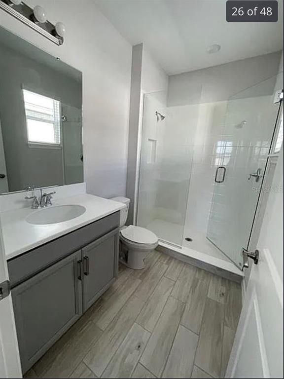 Bathroom, Glass Shower, Interior, Wood Texture Flooring