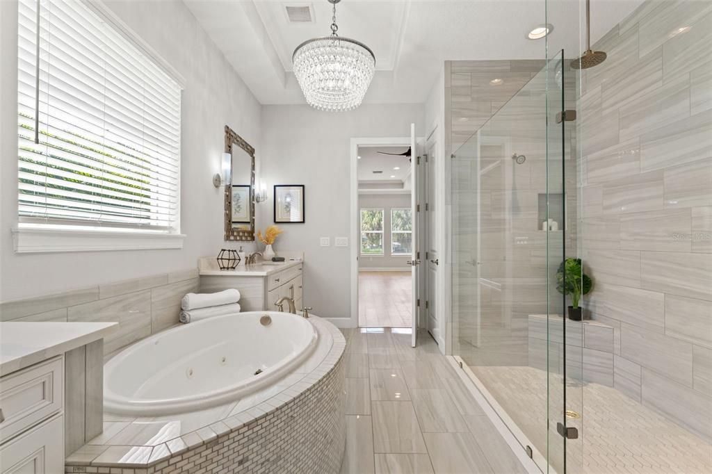 Bathroom, Chandelier, Glass Shower, Interior, Recessed Lighting