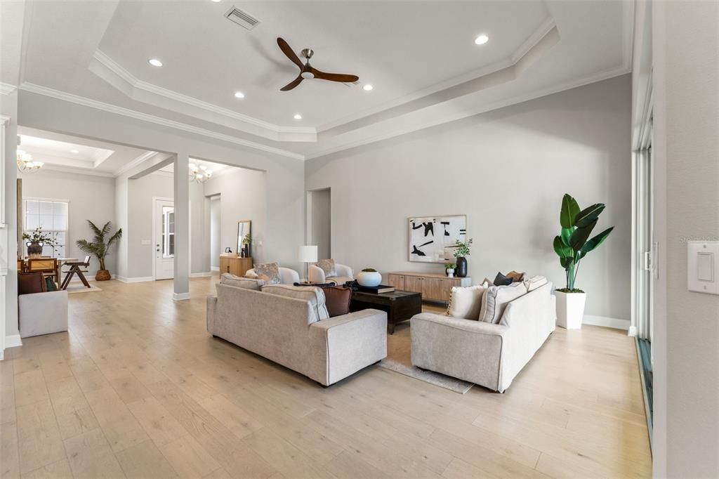 Chandelier, Interior, Living room, Recessed Lighting, Wood Texture Flooring