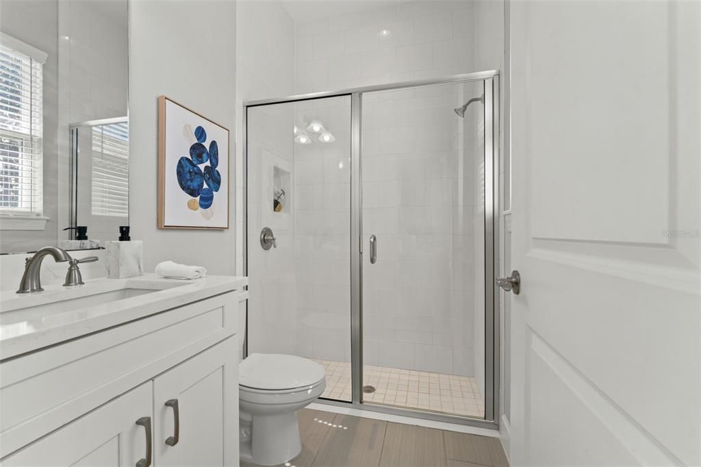 Bathroom, Glass Shower, Interior, Wood Texture Flooring