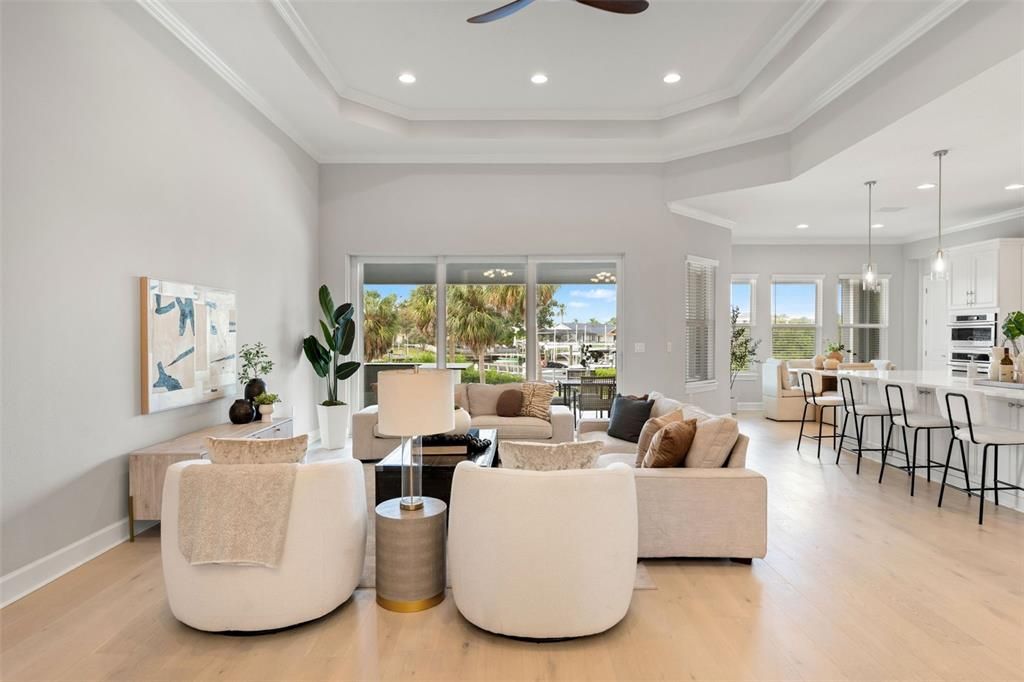 Dining room, Interior, Kitchen, Living room, Pendant Lights, Recessed Lighting, Stainless Steel Appliances, Wood Texture Flooring