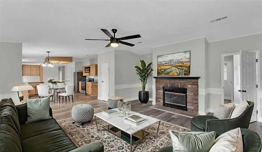 Dining room, Fireplace, Interior, Kitchen, Living room, Pendant Lights, Wood Texture Flooring