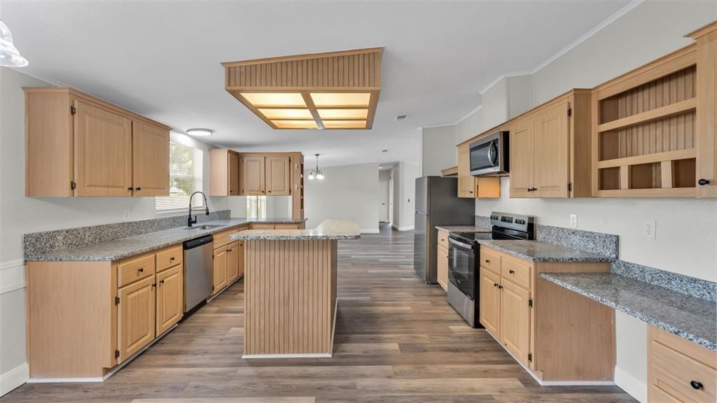 Interior, Kitchen, Pendant Lights, Stainless Steel Appliances, Wood Texture Flooring