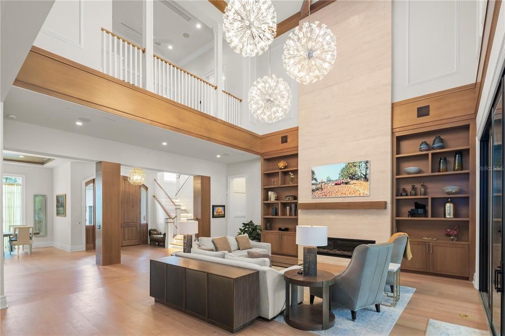 Chandelier, Interior, Living room, Pendant Lights, Recessed Lighting, Wood Texture Flooring