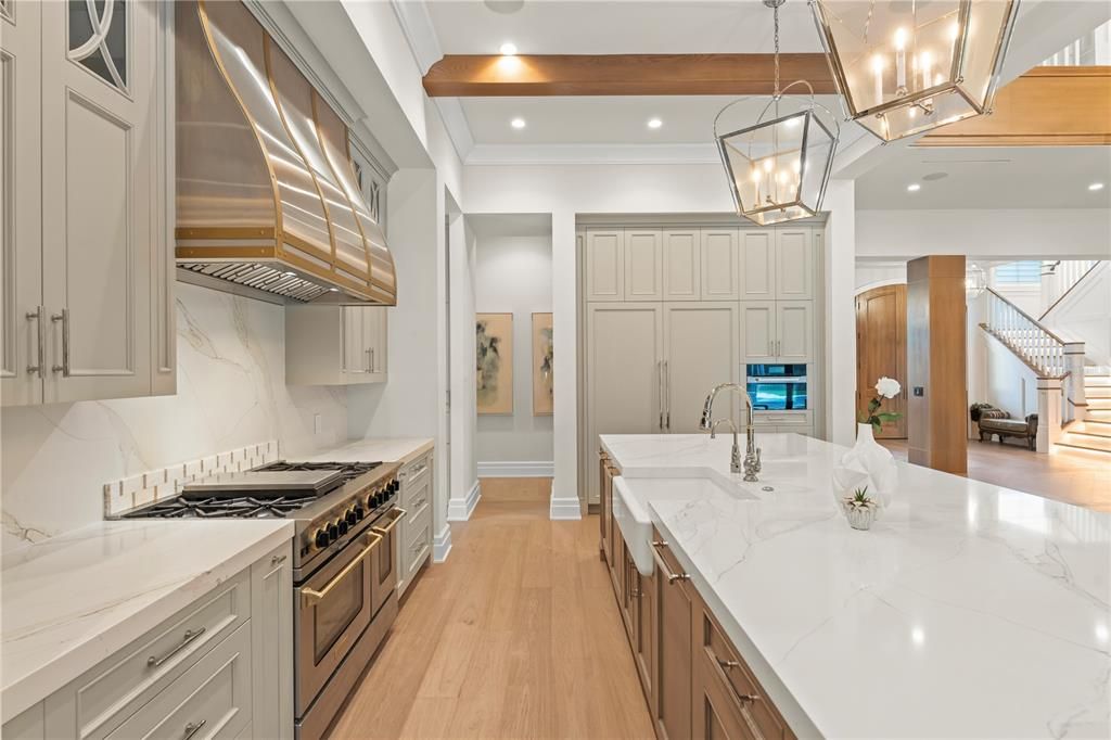 Interior, Kitchen, Pendant Lights, Recessed Lighting, Stainless Steel Appliances, Wooden Beams, Wood Texture Flooring