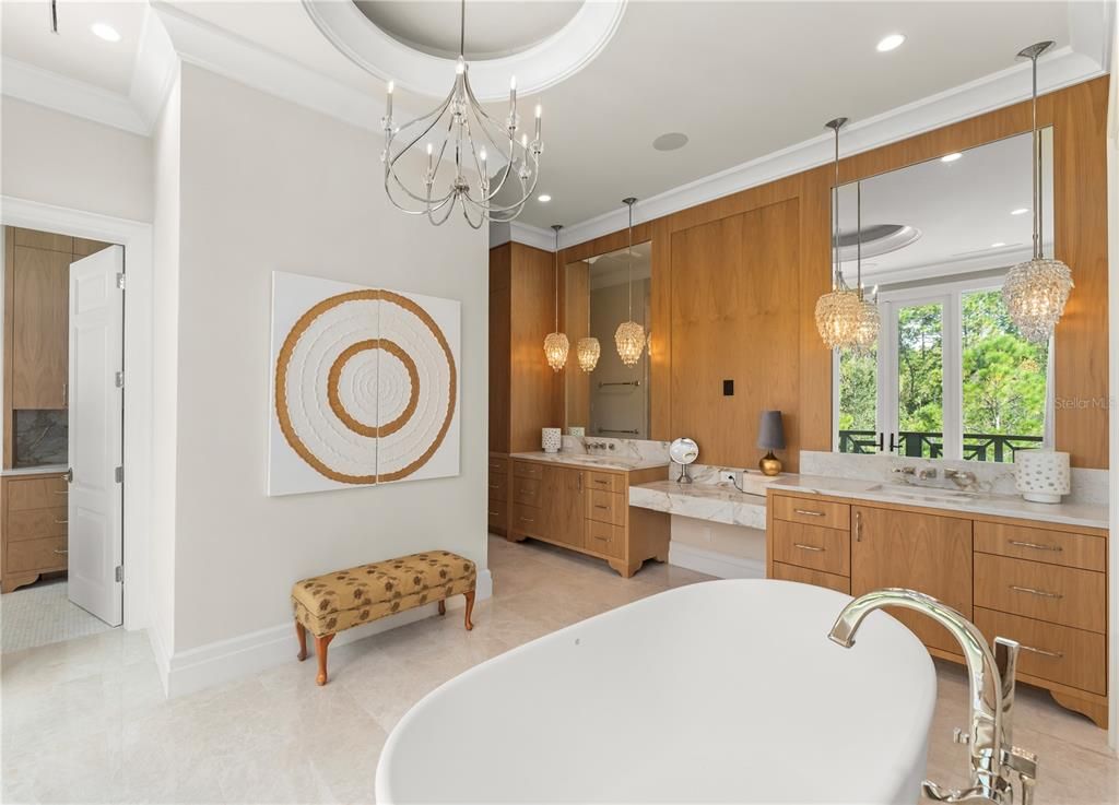 Bathroom, Chandelier, Dual Sink Vanities, Free Standing Baths, Interior, Pendant Lights, Recessed Lighting