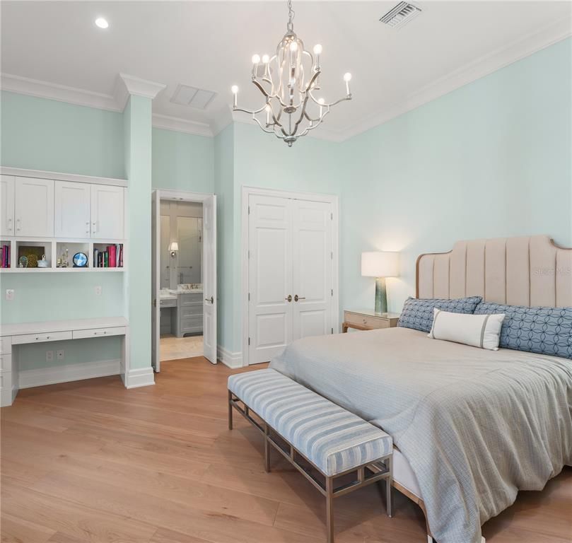 Bedroom, Chandelier, Interior, Recessed Lighting, Wood Texture Flooring