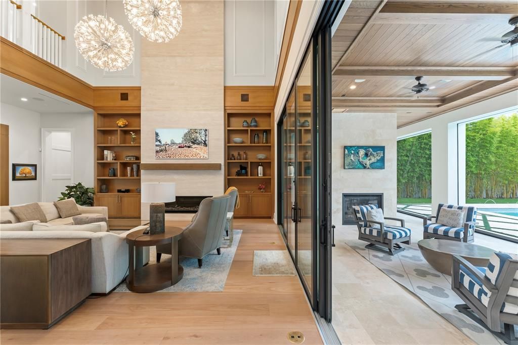 Fireplace, Interior, Living room, Pendant Lights, Recessed Lighting, Wooden Ceilings, Wood Texture Flooring