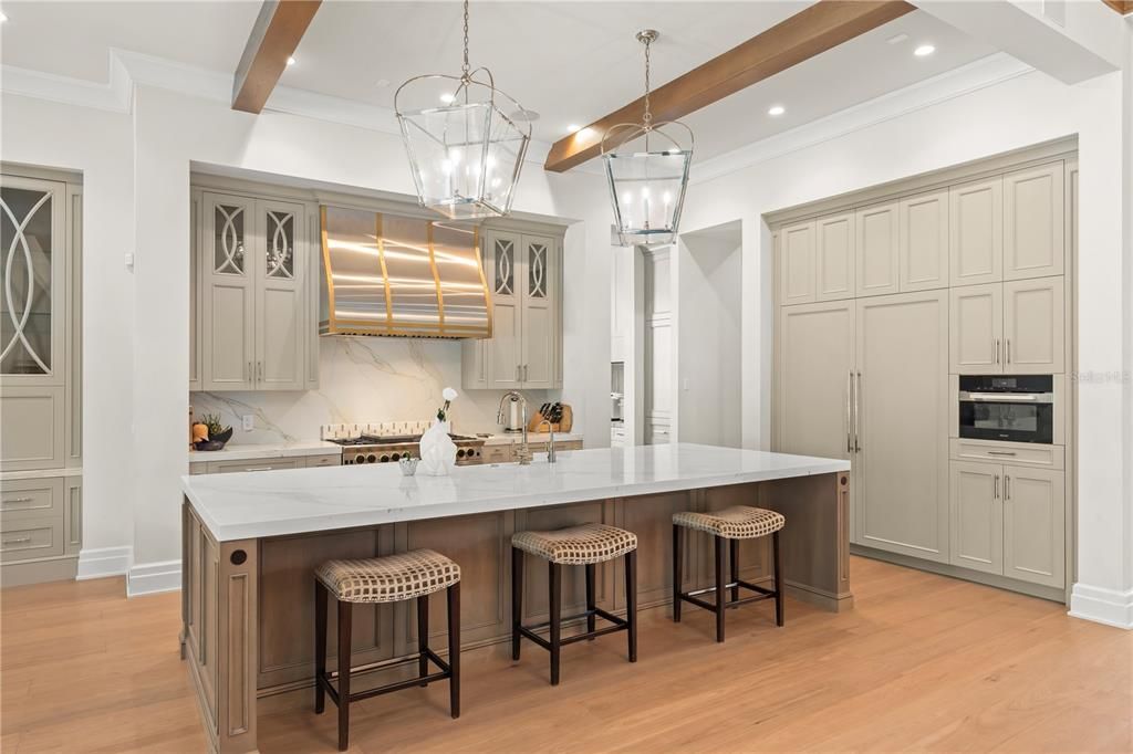 Interior, Kitchen, Marble Walls, Pendant Lights, Recessed Lighting, Stainless Steel Appliances, Wooden Beams, Wood Texture Flooring