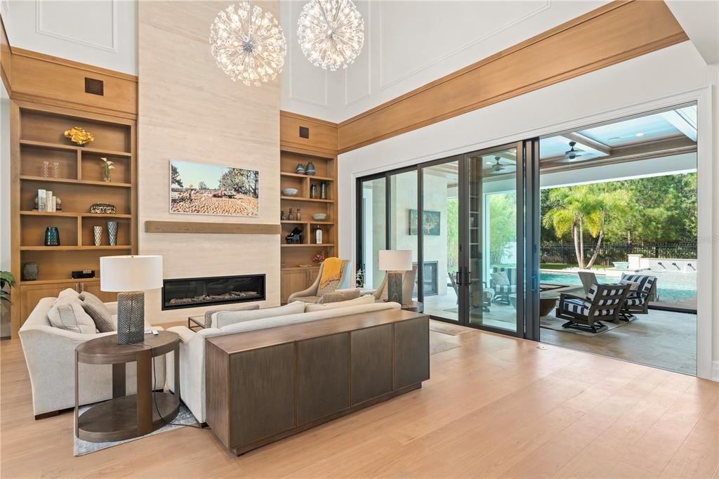 Fireplace, Interior, Living room, Pendant Lights, Wood Texture Flooring, Wooden Walls