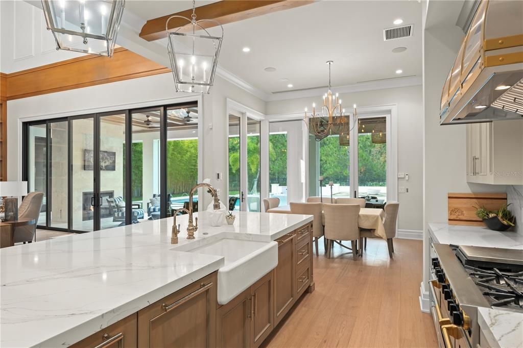 Chandelier, Dining room, Interior, Kitchen, Recessed Lighting, Wooden Beams, Wood Texture Flooring