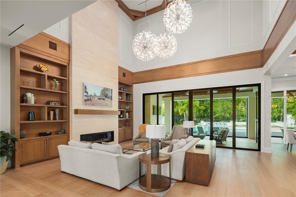 Chandelier, Fireplace, Interior, Living room, Pendant Lights, Wood Texture Flooring