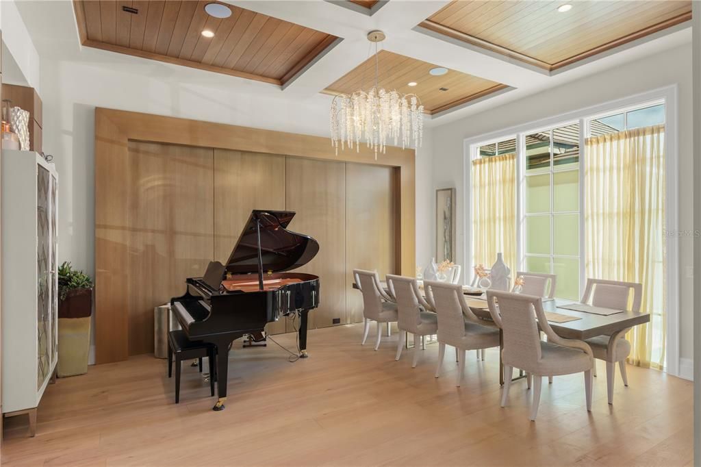 Chandelier, Dining room, Interior, Piano, Recessed Lighting, Wooden Ceilings, Wood Texture Flooring