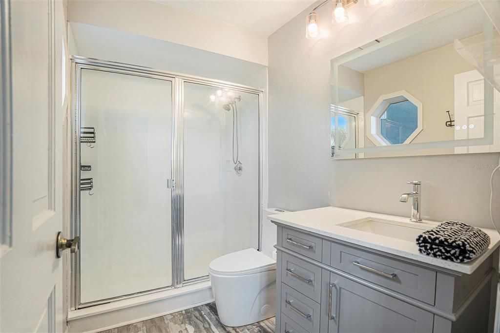 Bathroom, Glass Shower, Interior, Wood Texture Flooring