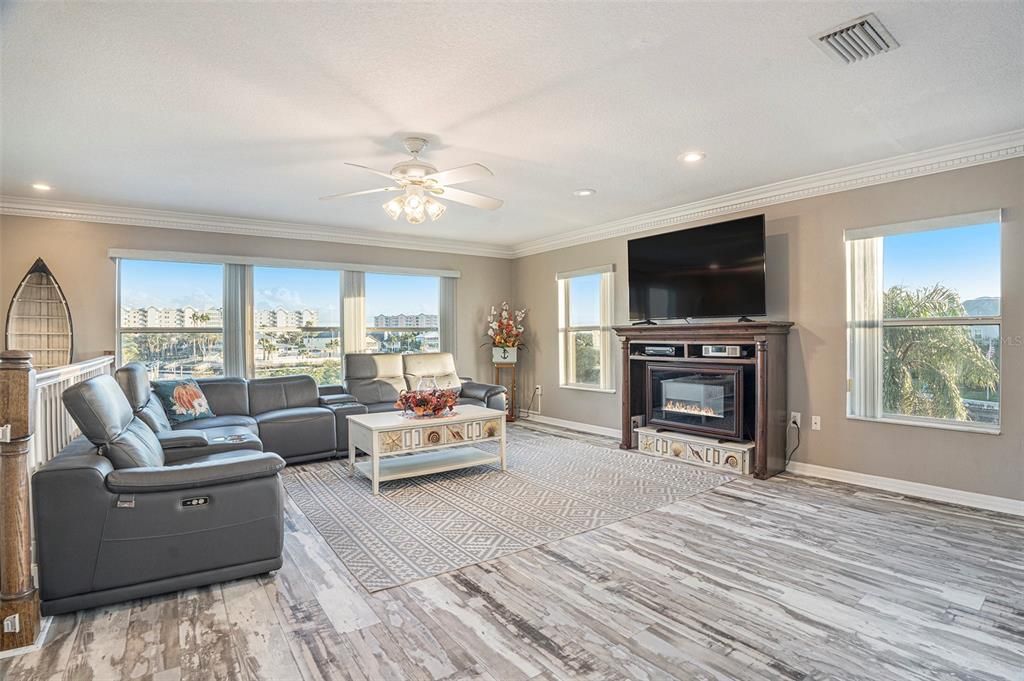 Fireplace, Interior, Living room, Recessed Lighting, Wood Texture Flooring