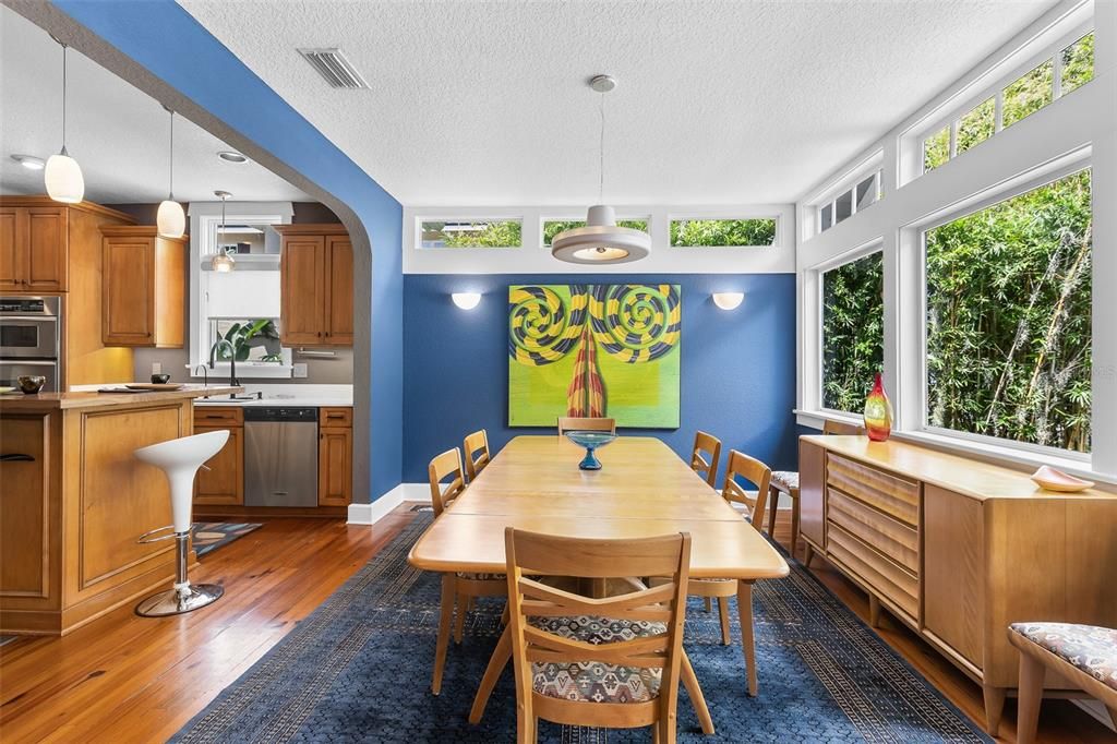 Dining room, Interior, Kitchen, Pendant Lights, Wood Texture Flooring