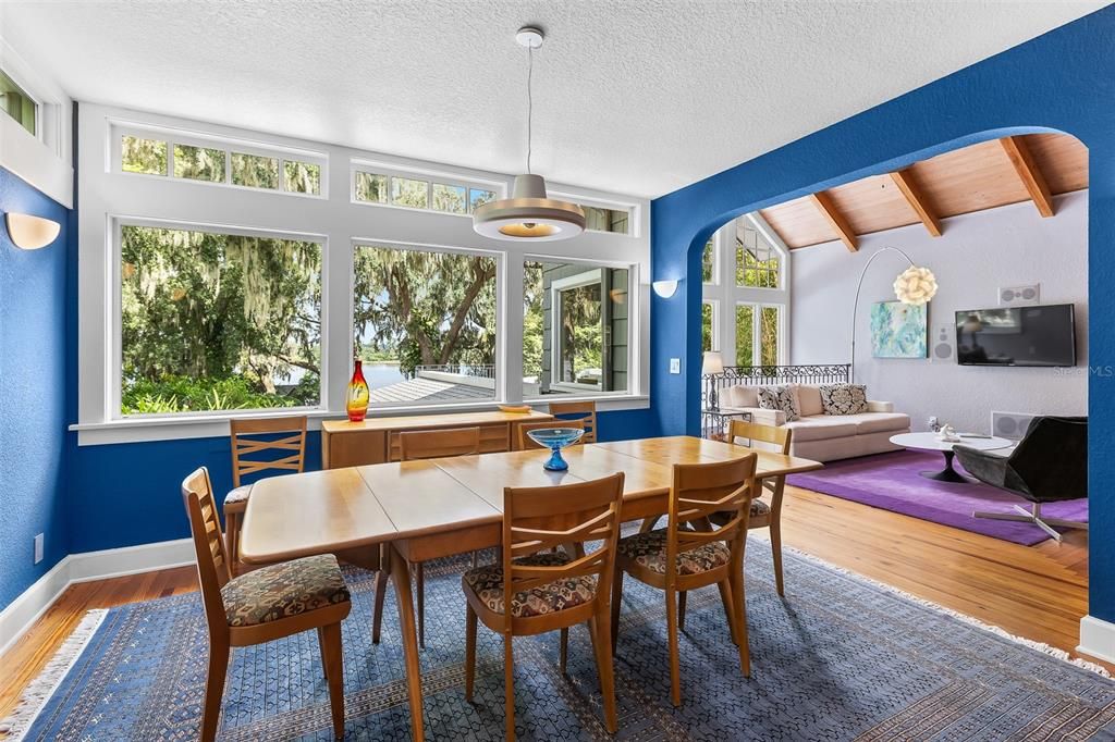 Dining room, Interior, Living room, Pendant Lights, Wooden Beams, Wooden Ceilings, Wood Texture Flooring
