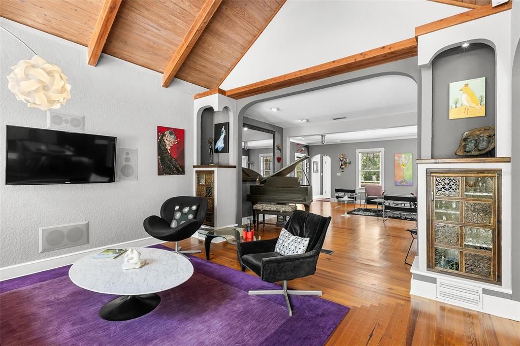 Interior, Living room, Piano, Recessed Lighting, Wooden Beams, Wooden Ceilings, Wood Texture Flooring