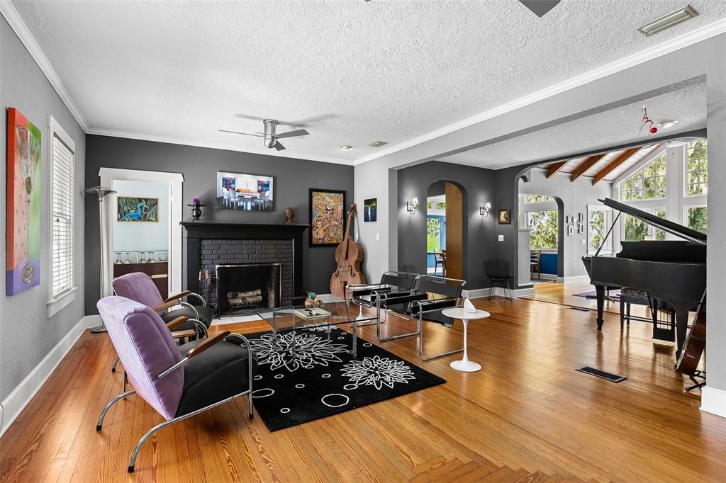 Fireplace, Interior, Living room, Piano, Wood Texture Flooring