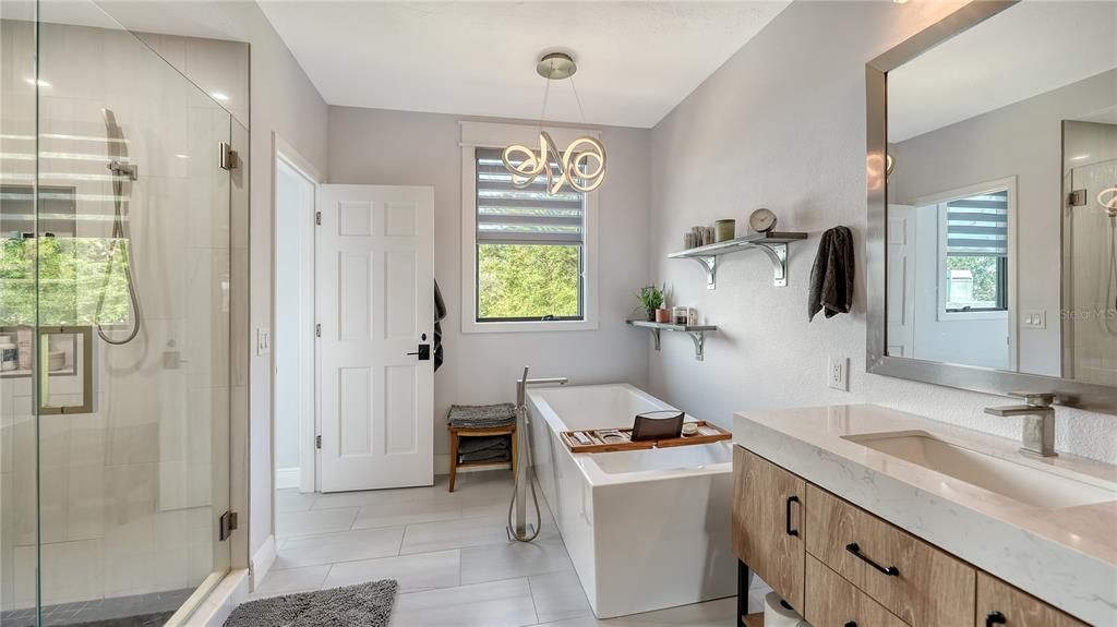 Bathroom, Dual Sink Vanities, Glass Shower, Interior, Pendant Lights