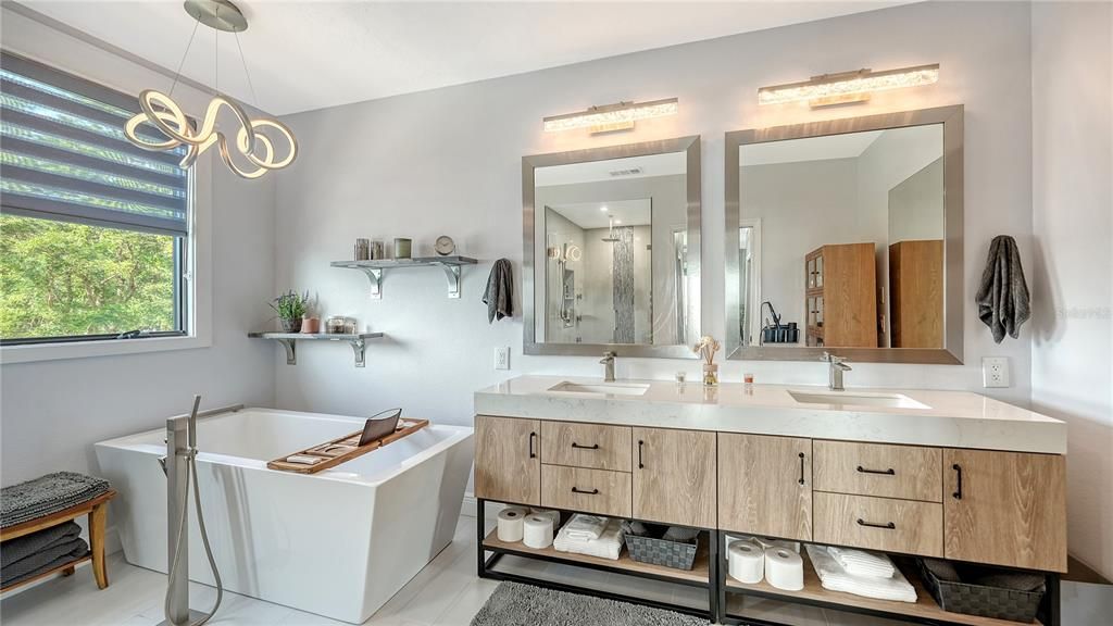 Bathroom, Dual Sink Vanities, Free Standing Baths, Interior, Pendant Lights